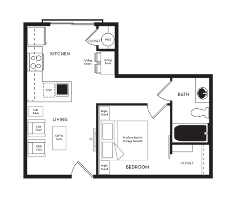 Floor plan for 1 bed, 1 bath, 491 sqft